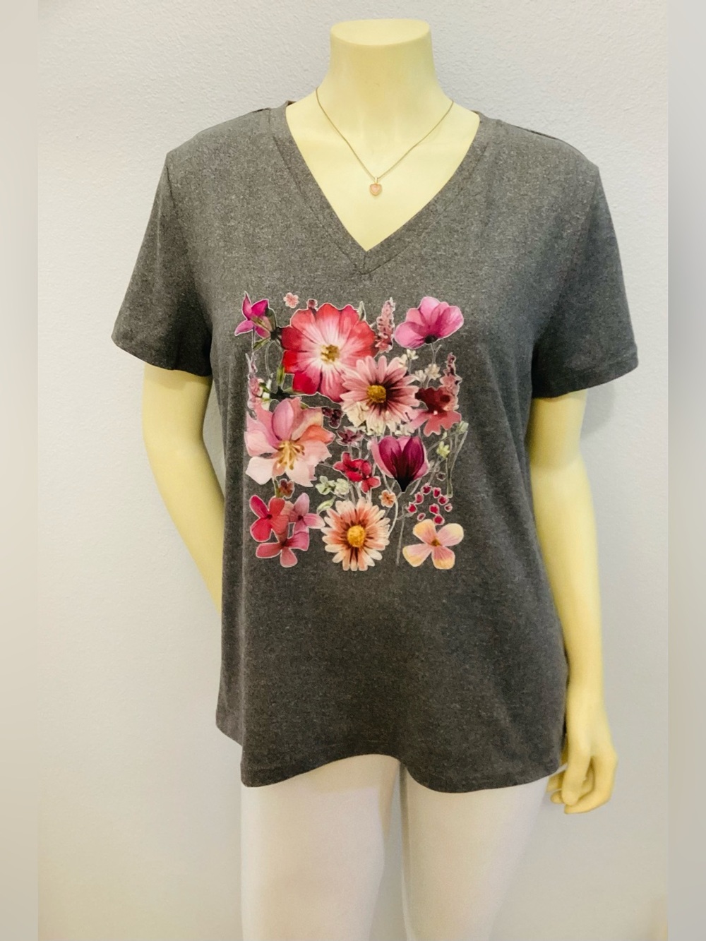 Charcoal Gray V-Neck Tee with Pink Floral Print